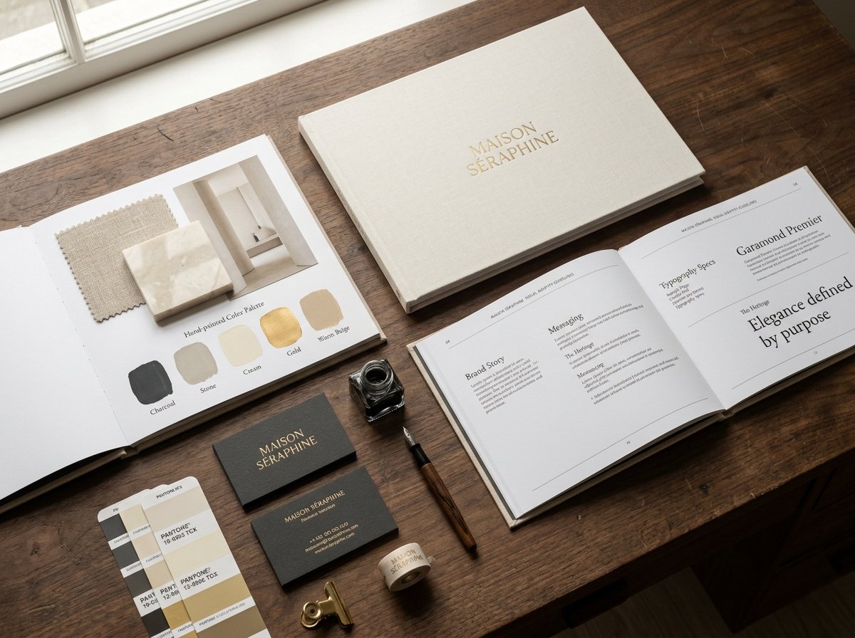 Luxury brand identity design system, guidelines book and typography presentation