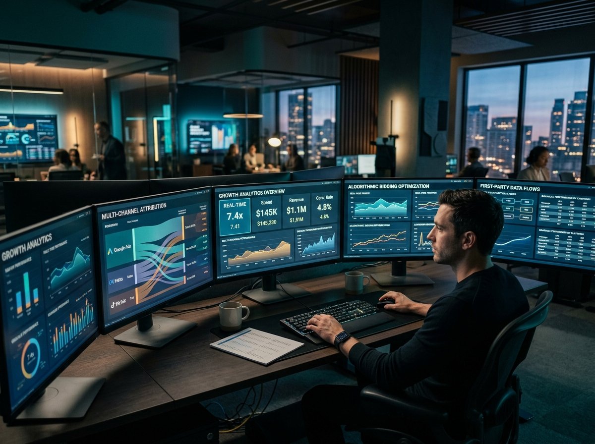 Digital performance marketing analytics command center with real-time ROAS dashboards