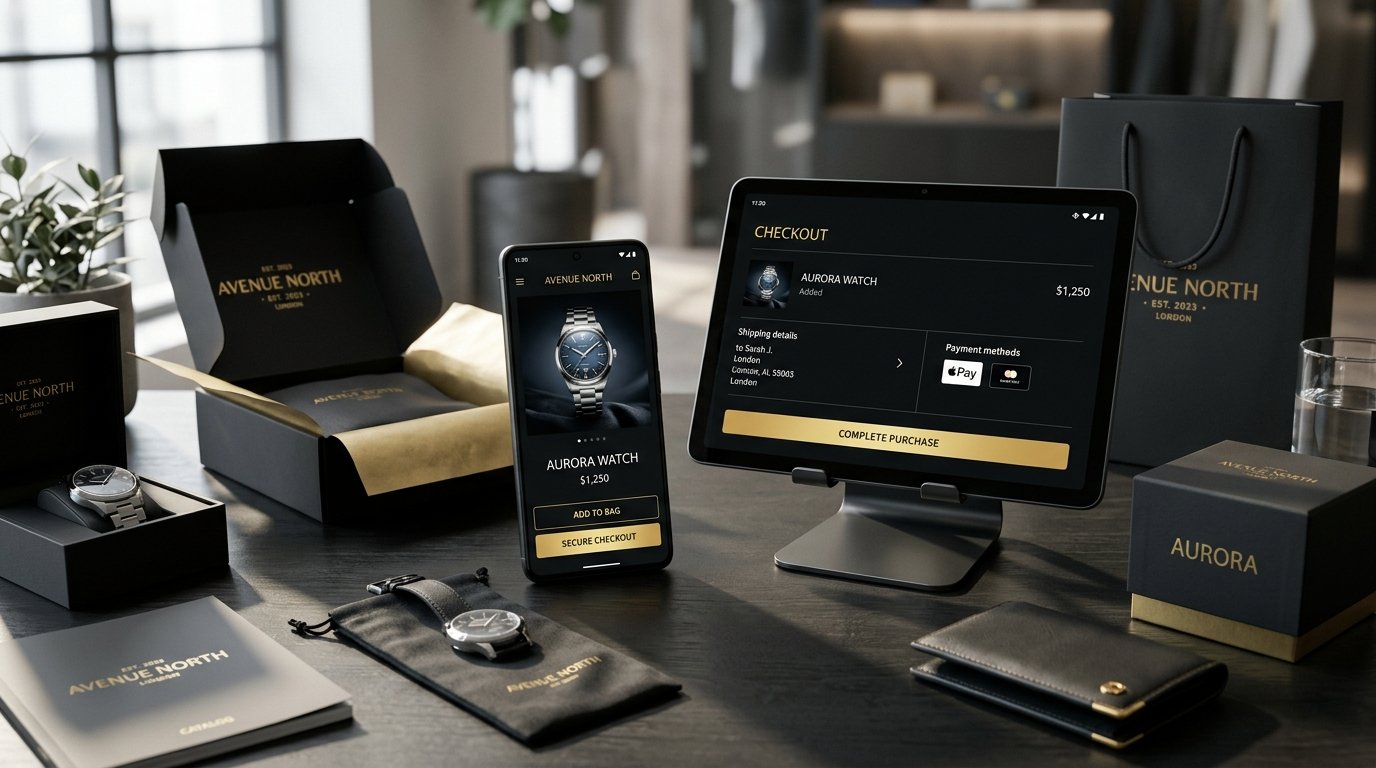 Modern luxury e-commerce direct-to-consumer store on mobile and tablet with checkout