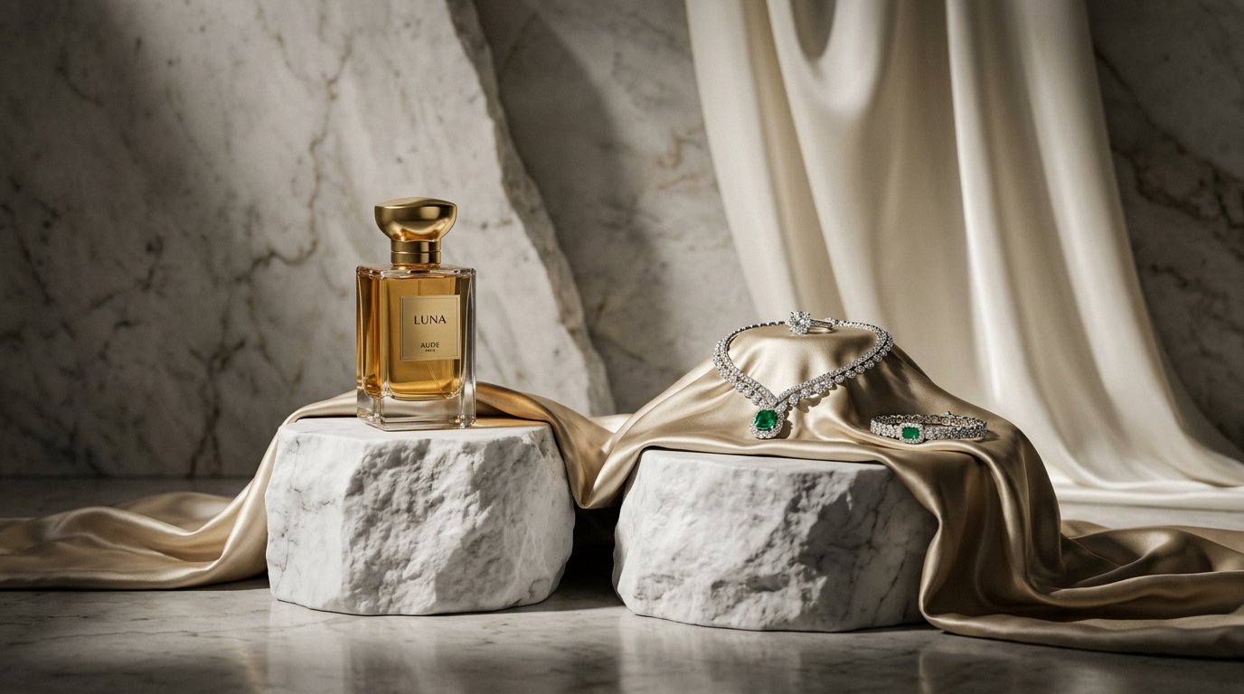 High-end luxury brand editorial campaign featuring bespoke fragrance and fine jewelry