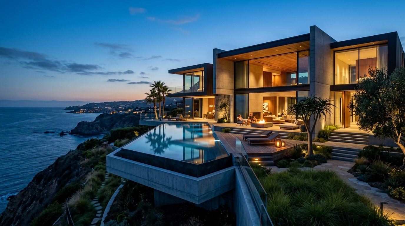 Ultra-luxury modern architectural villa estate with cantilevered infinity pool at twilight